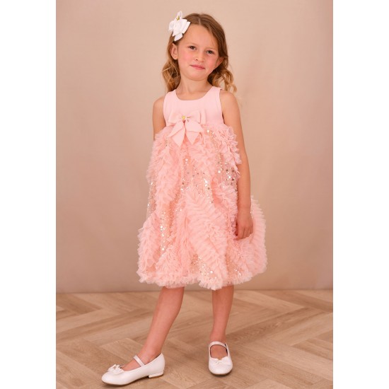 Angels Face Peach frill + sequin bow dress 