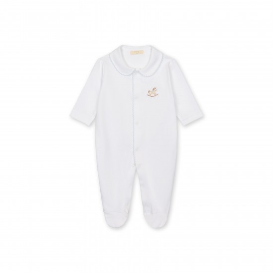Baby Gi White/Blue trim rocking horse babygrow