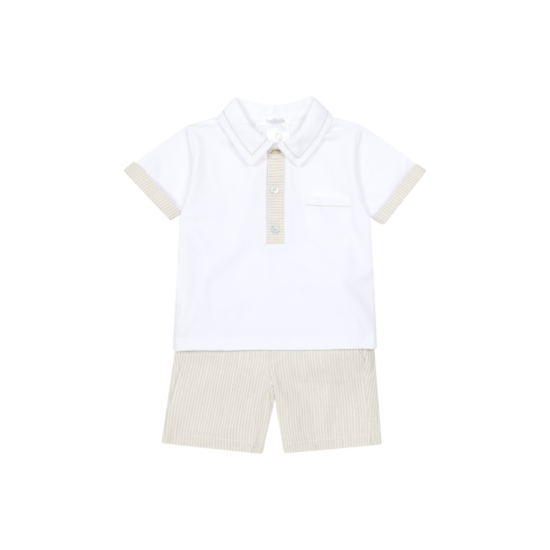 Deolinda Beige/White stripe polo top + short set 