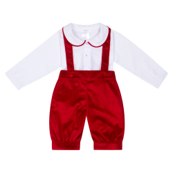 Deolinda White shirt + red velour trousers 
