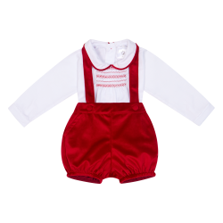 Deolinda White shirt + red velour romper style dungaree set 