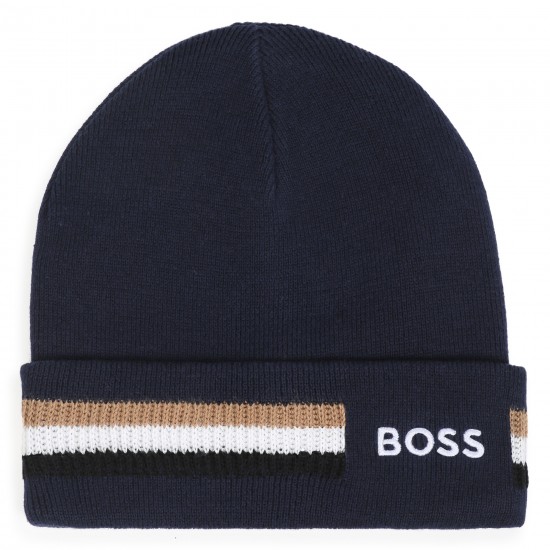 Hugo Boss Navy stripe beanie hat 