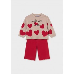 Mayoral Beige hearts jumper + Red knit trousers Mayoral Beige hearts jumper + Red knit trousers