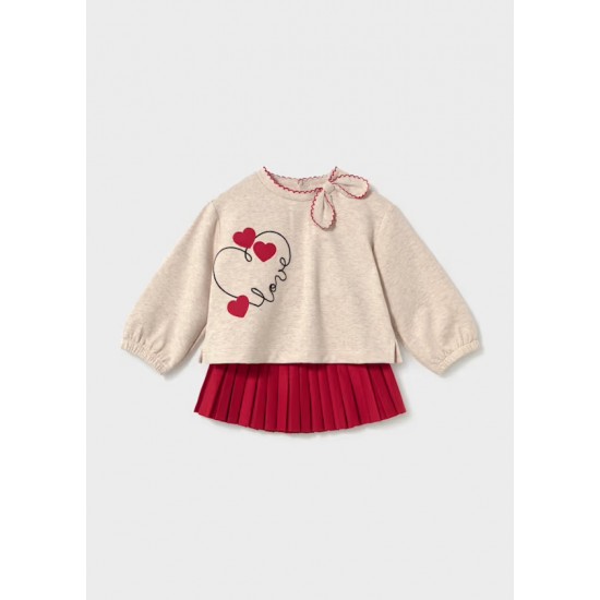 Mayoral Beige sweater + Red pleated skirt 