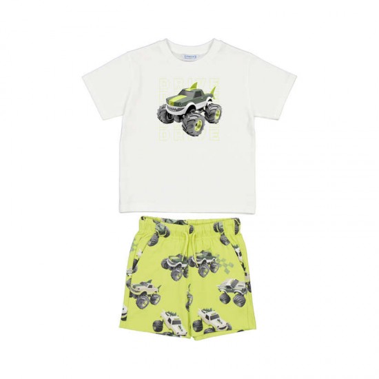 Mayoral Cream top + truck print shorts 