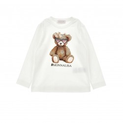 Monnalisa Cream teddy bear diamante long sleeved top 